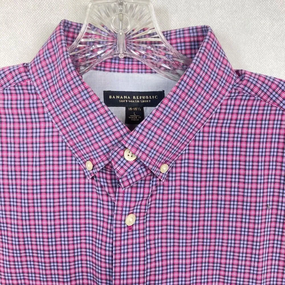 Banana Republic Shirt Mens Sz L‎ Pink Blue Plaid Button Up Long Sleeve Cotton
